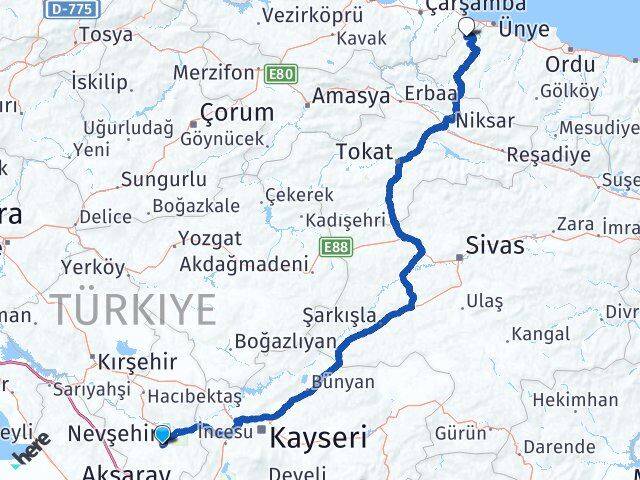 Nevşehir İkizce Ordu Arası Kaç Km - Yol Haritası