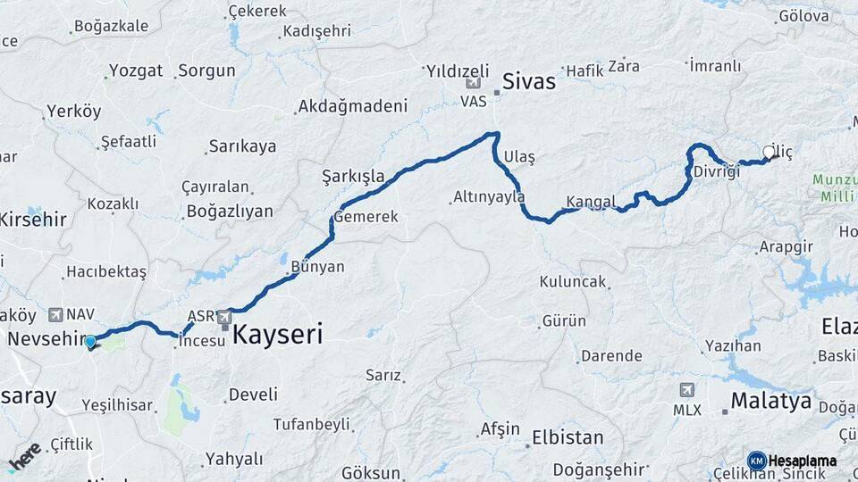 Nevşehir İliç Erzincan Arası Kaç Km - Yol Haritası