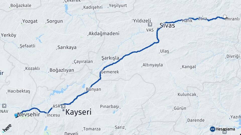Nevşehir İmranlı Sivas Arası Kaç Km - Yol Haritası
