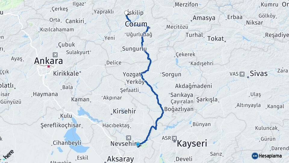 Nevşehir İskilip Çorum Arası Kaç Km - Yol Haritası