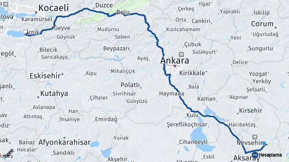 Nevşehir İznik Bursa Arası Kaç Km - Yol Haritası
