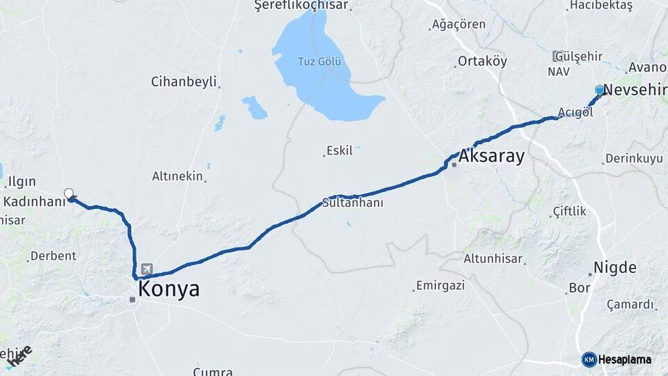 Nevşehir Kadınhanı Konya Arası Kaç Km - Yol Haritası