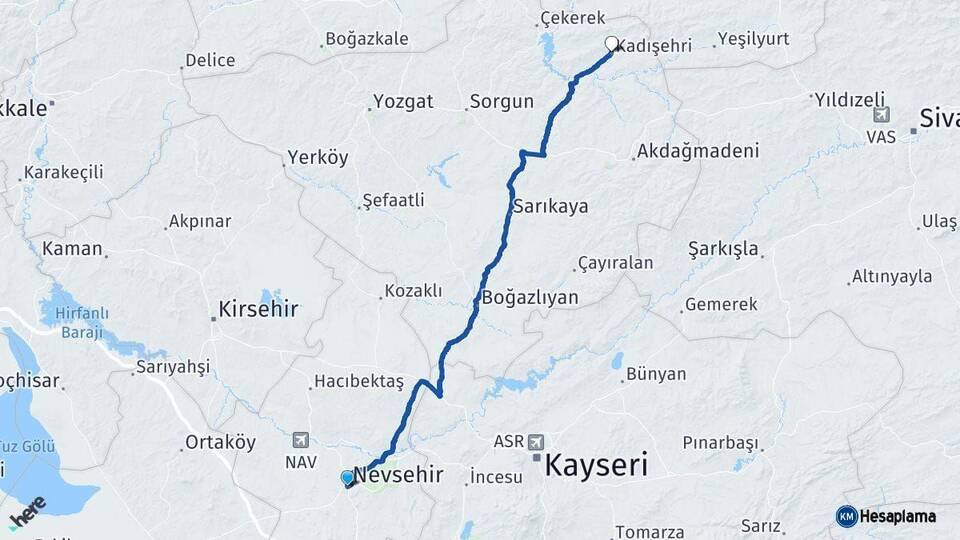 Nevşehir Kadışehri Yozgat Arası Kaç Km - Yol Haritası
