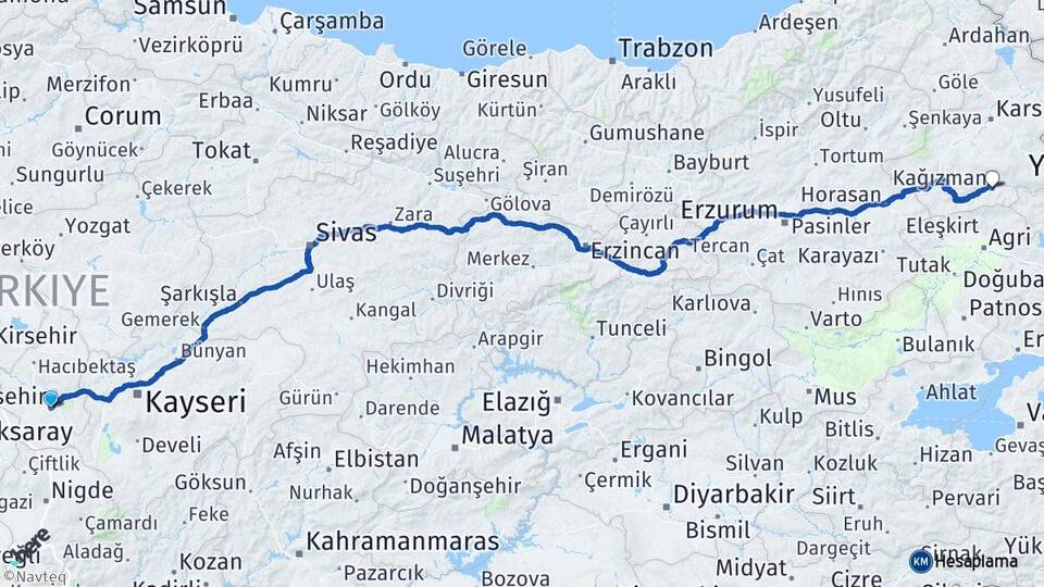 Nevşehir Kağızman Kars Arası Kaç Km - Yol Haritası