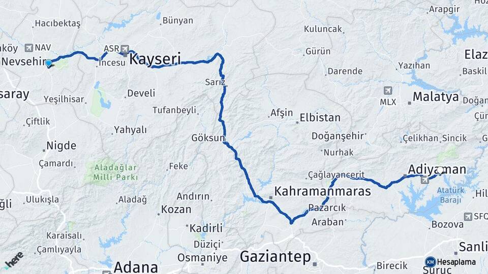 Nevşehir Kahta Adıyaman Arası Kaç Km - Yol Haritası