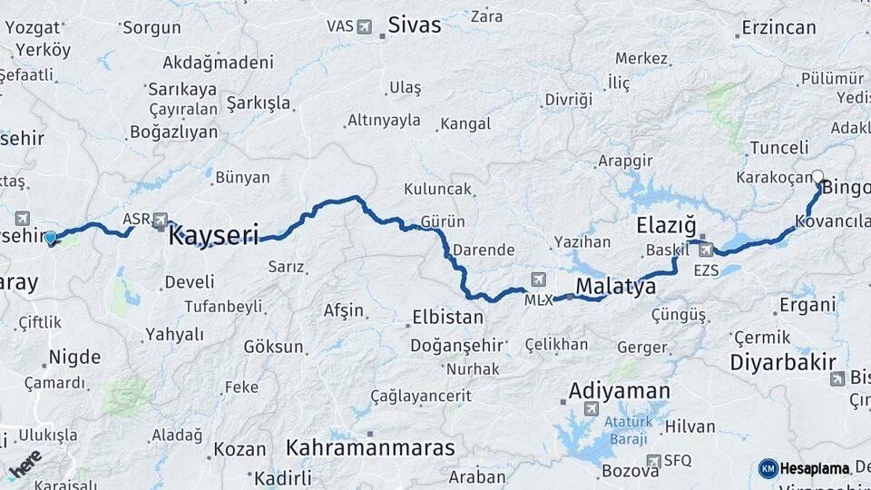 Nevşehir Karakoçan Elazığ Arası Kaç Km - Yol Haritası