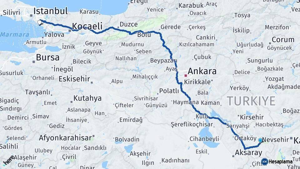 Nevşehir Kartal İstanbul Arası Kaç Km - Yol Haritası