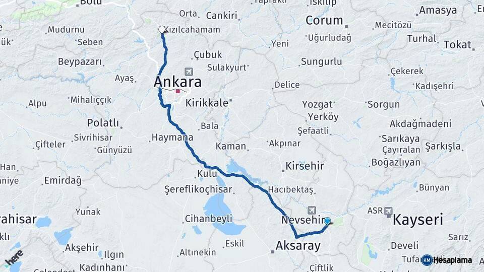 Nevşehir Kızılcahamam Ankara Arası Kaç Km - Yol Haritası