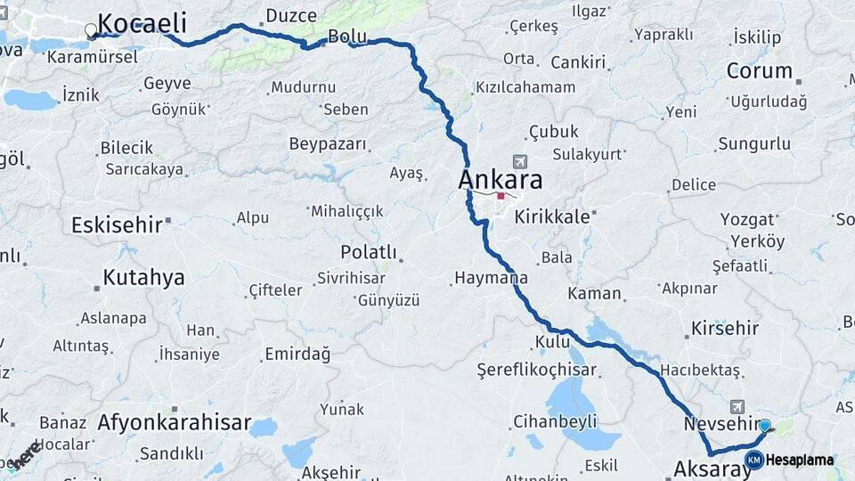 Nevşehir Kocaeli Arası Kaç Km - Yol Haritası