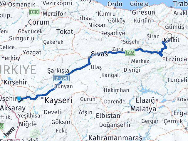 Nevşehir Köse Gümüşhane Arası Kaç Km - Yol Haritası