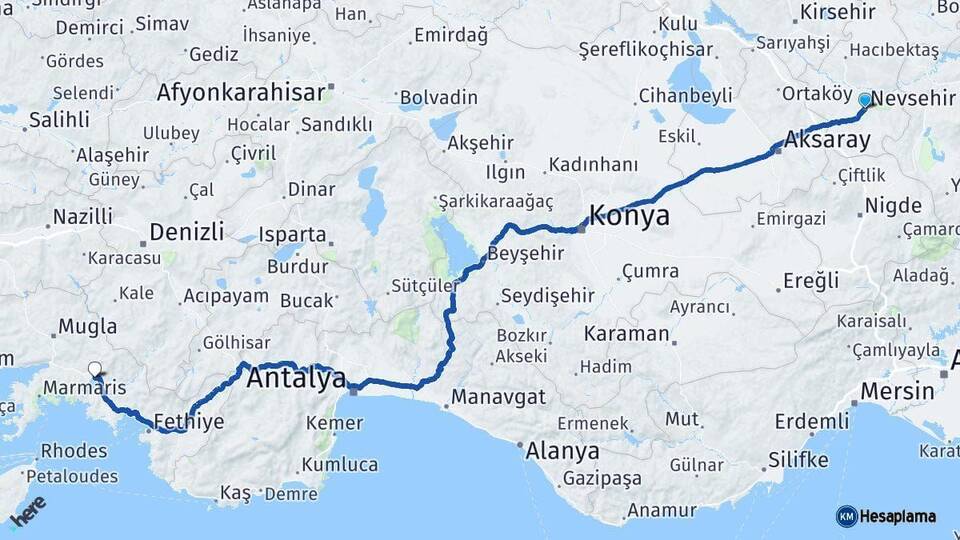 Nevşehir Köyceğiz Muğla Arası Kaç Km - Yol Haritası