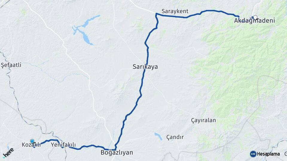 Nevşehir Kozaklı Akdağmadeni Yozgat Arası Kaç Km - Yol Haritası