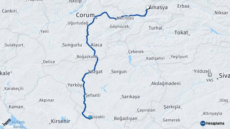 Nevşehir Kozaklı Amasya Arası Kaç Km - Yol Haritası