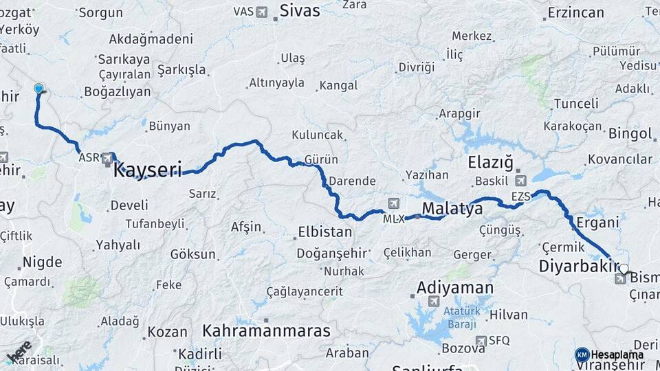 Nevşehir Kozaklı Diyarbakır Arası Kaç Km - Yol Haritası