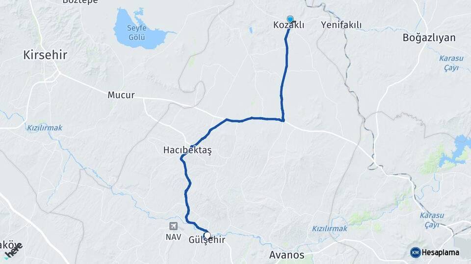 Nevşehir Kozaklı Gülşehir Arası Kaç Km - Yol Haritası