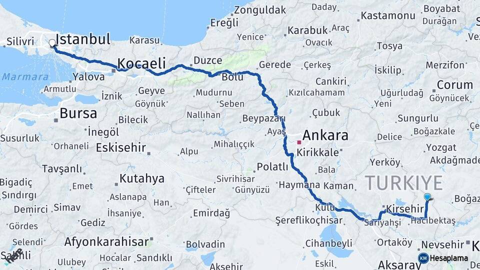 Nevşehir Kozaklı İstanbul Arası Kaç Km - Yol Haritası