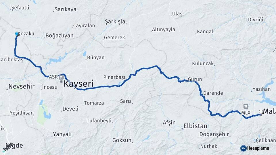 Nevşehir Kozaklı Malatya Arası Kaç Km - Yol Haritası