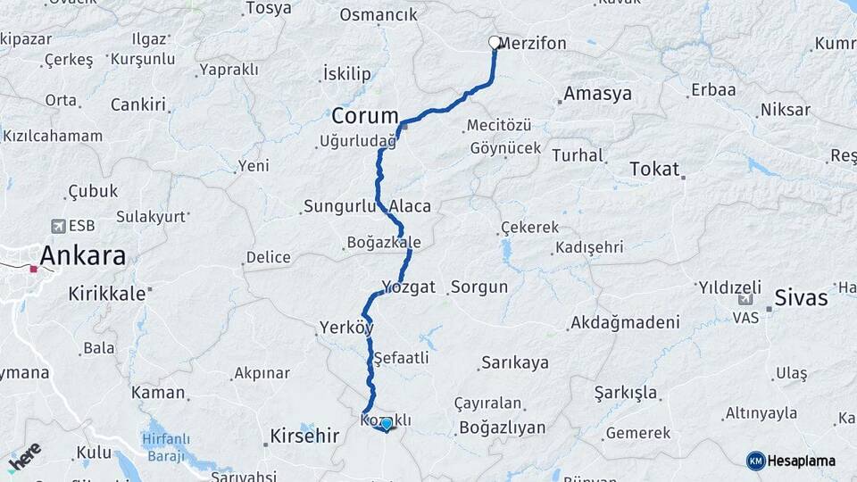 Nevşehir Kozaklı Merzifon Amasya Arası Kaç Km - Yol Haritası