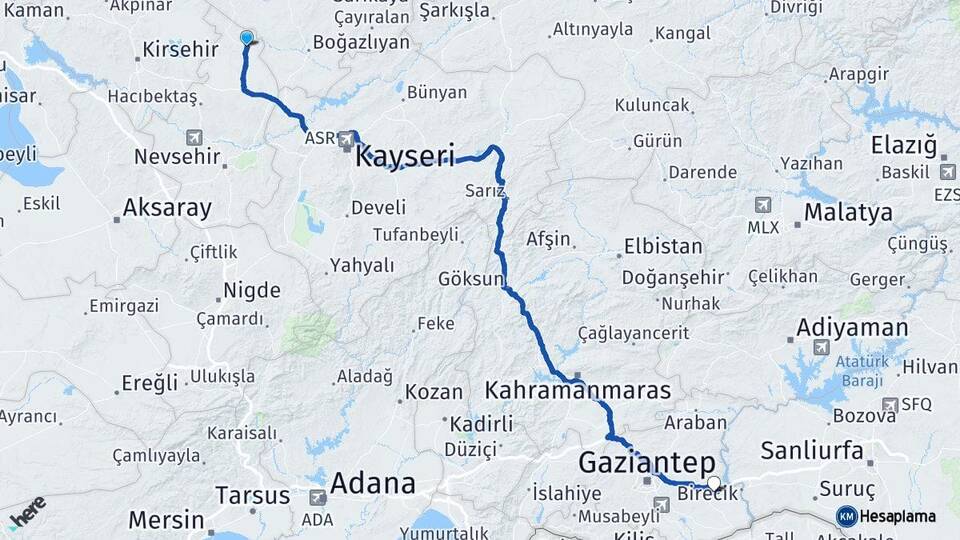 Nevşehir Kozaklı Nizip Gaziantep Arası Kaç Km - Yol Haritası