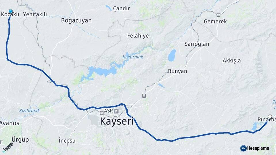 Nevşehir Kozaklı Pınarbaşı Kayseri Arası Kaç Km - Yol Haritası