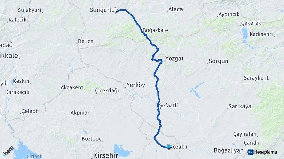 Nevşehir Kozaklı Sungurlu Çorum Arası Kaç Km - Yol Haritası