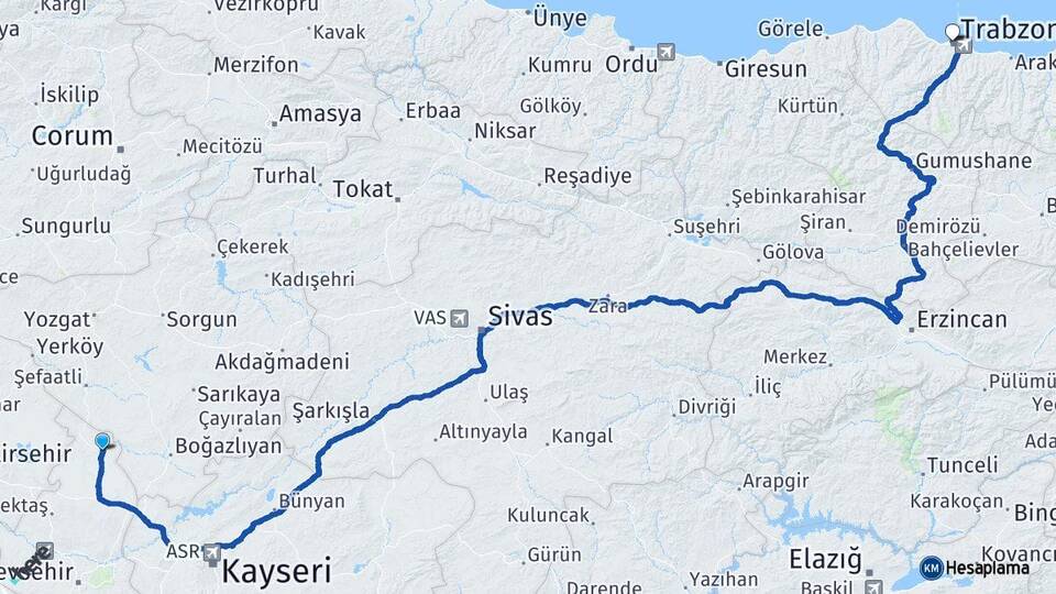 Nevşehir Kozaklı Trabzon Arası Kaç Km - Yol Haritası