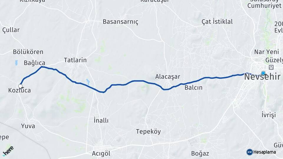 Nevşehir Kozluca Acıgöl Arası Kaç Km - Yol Haritası