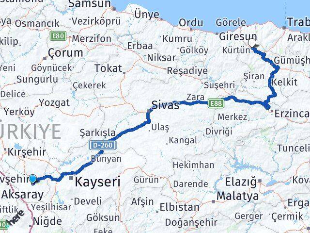 Nevşehir Kürtün Gümüşhane Arası Kaç Km - Yol Haritası
