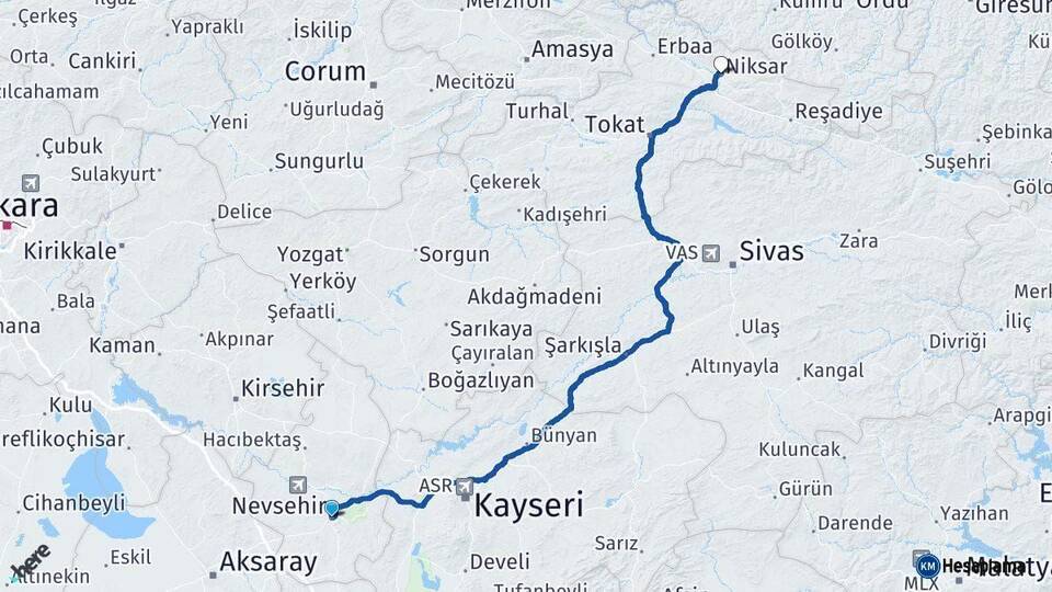 Nevşehir Niksar Tokat Arası Kaç Km - Yol Haritası