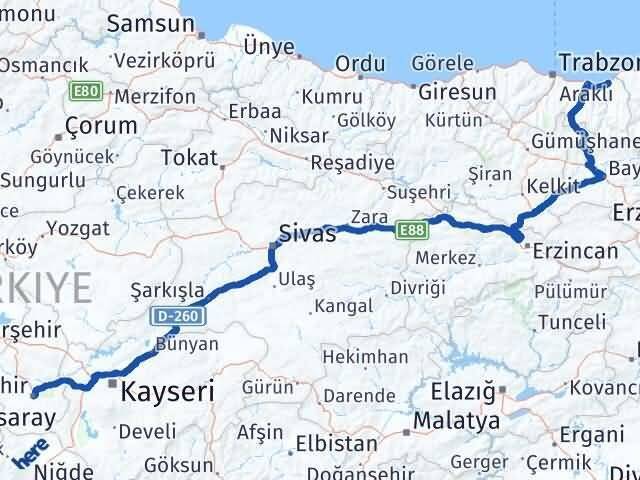 Nevşehir Of Trabzon Arası Kaç Km - Yol Haritası