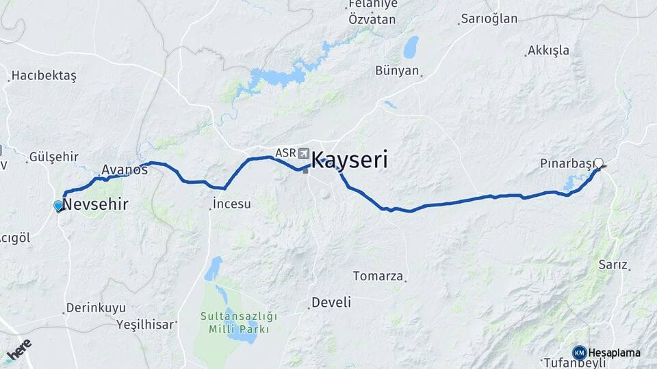 Nevşehir Pınarbaşı Kayseri Arası Kaç Km - Yol Haritası