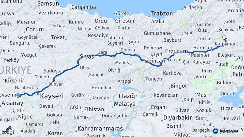 Nevşehir Sarıkamış Kars Arası Kaç Km - Yol Haritası