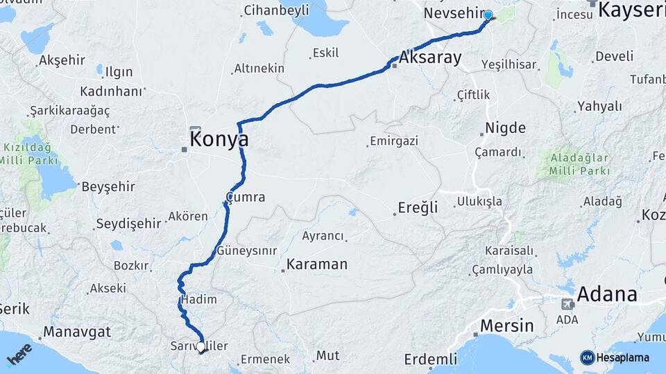 Nevşehir Sarıveliler Karaman Arası Kaç Km - Yol Haritası