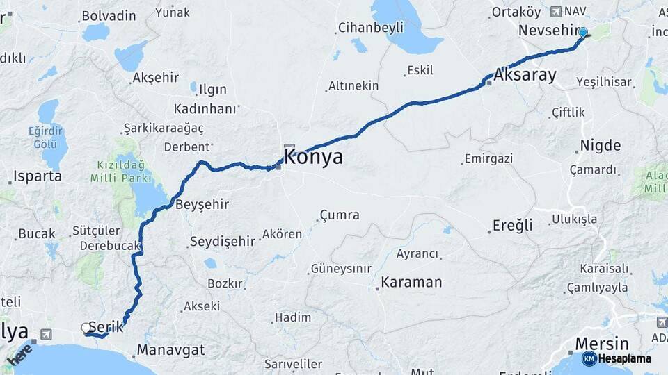 Nevşehir Serik Antalya Arası Kaç Km - Yol Haritası
