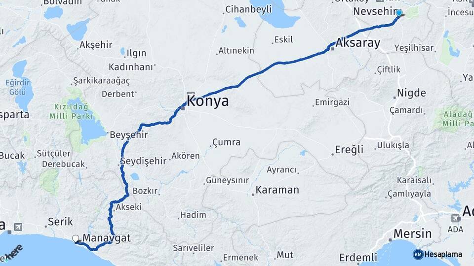 Nevşehir Side Manavgat Antalya Arası Kaç Km - Yol Haritası