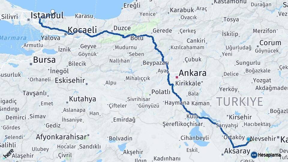 Nevşehir Şile İstanbul Arası Kaç Km - Yol Haritası