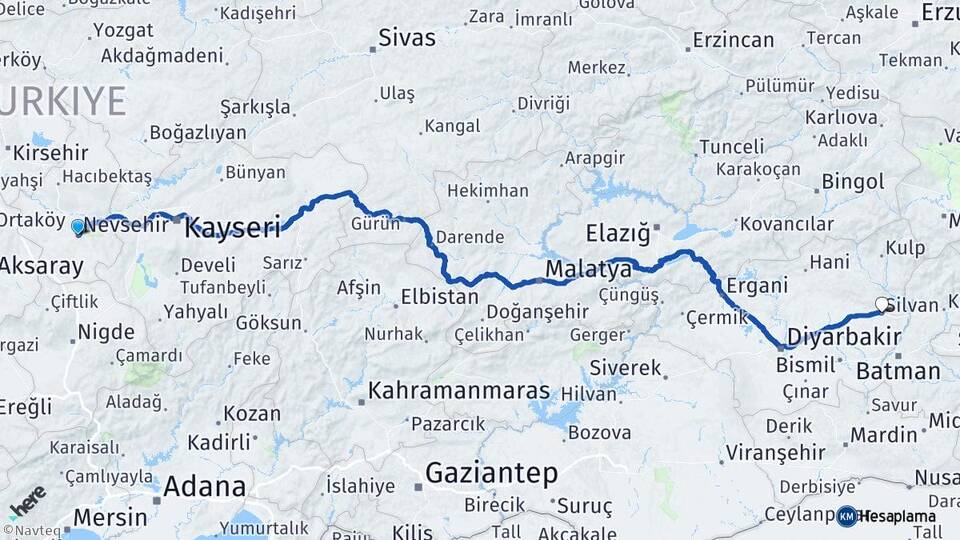 Nevşehir Silvan Diyarbakır Arası Kaç Km - Yol Haritası