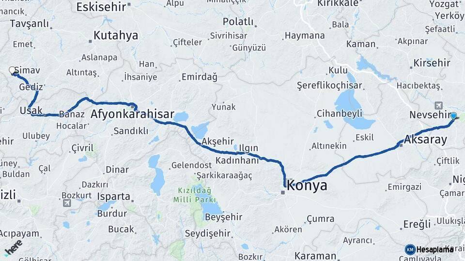 Nevşehir Simav Kütahya Arası Kaç Km - Yol Haritası