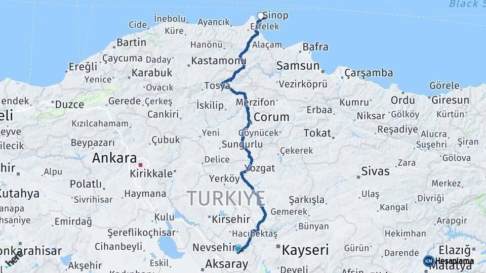 Nevşehir Sinop Arası Kaç Km - Yol Haritası