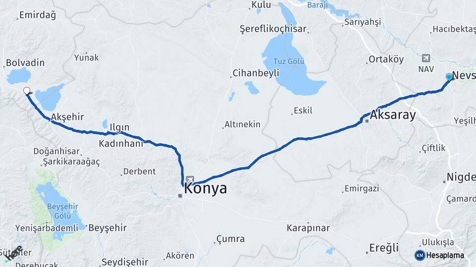 Nevşehir Sultandağı Afyonkarahisar Arası Kaç Km - Yol Haritası