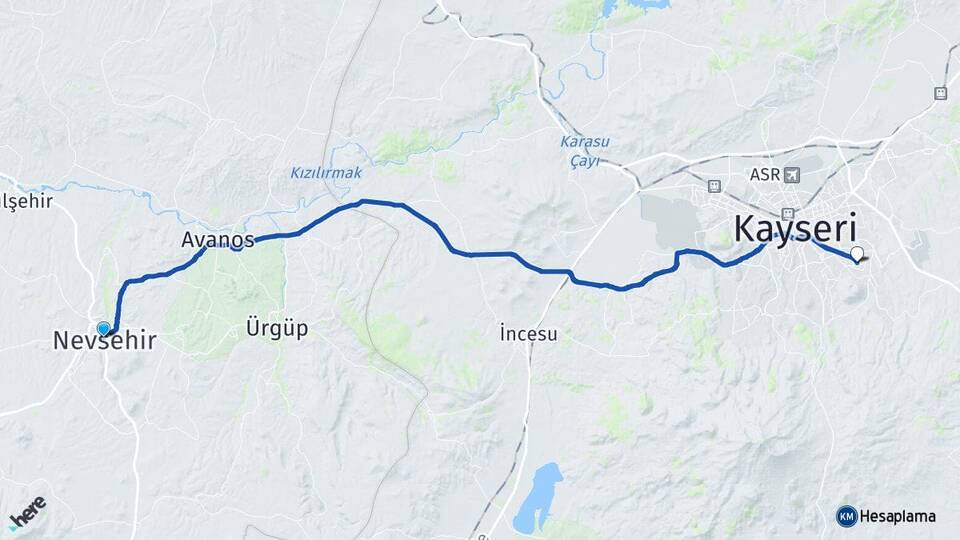 Nevşehir Talas Kayseri Arası Kaç Km - Yol Haritası