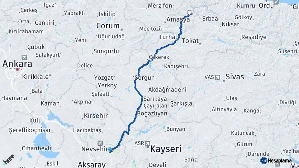 Nevşehir Taşova Amasya Arası Kaç Km - Yol Haritası