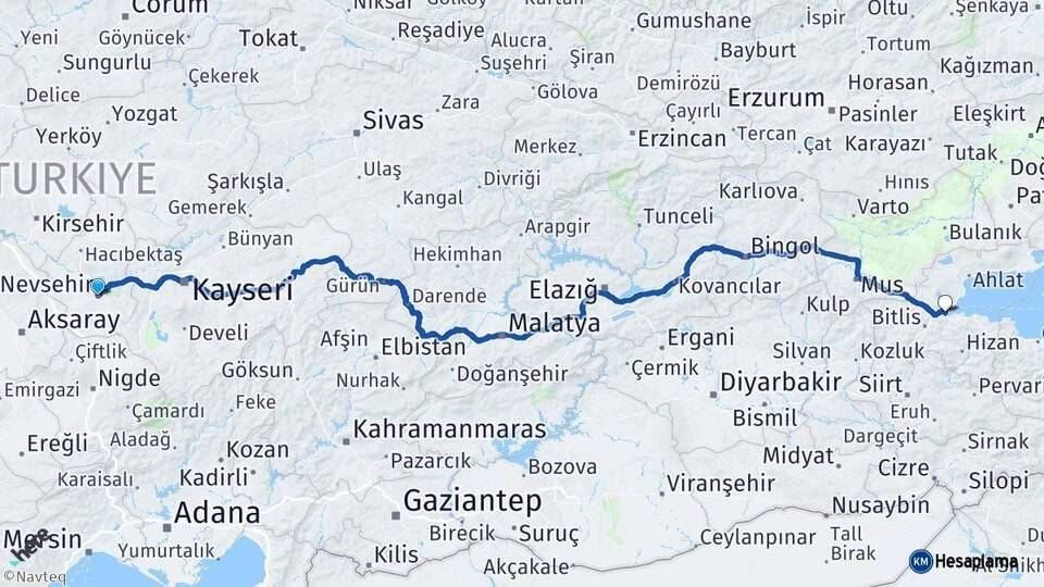 Nevşehir Tatvan Bitlis Arası Kaç Km - Yol Haritası