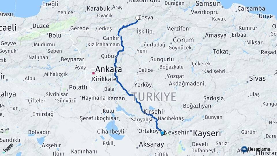 Nevşehir Tosya Kastamonu Arası Kaç Km - Yol Haritası