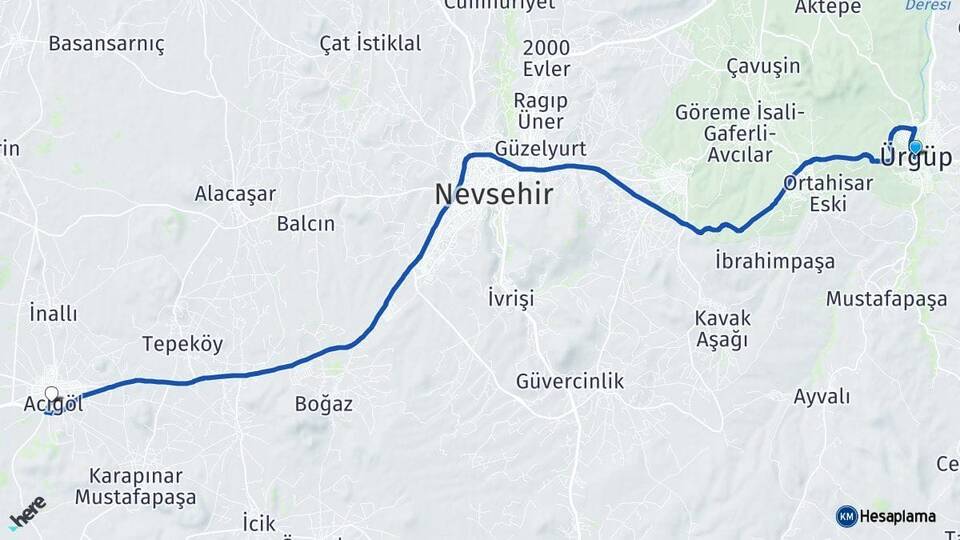 Nevşehir Ürgüp Acıgöl Arası Kaç Km - Yol Haritası