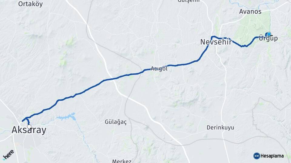 Nevşehir Ürgüp Aksaray Arası Kaç Km - Yol Haritası