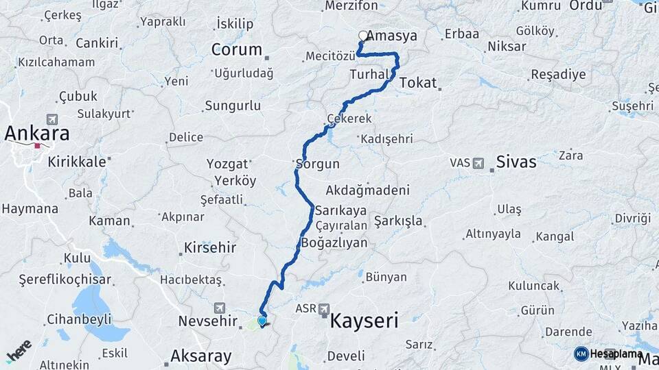 Nevşehir Ürgüp Amasya Arası Kaç Km - Yol Haritası