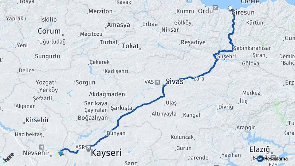 Nevşehir Ürgüp Giresun Arası Kaç Km - Yol Haritası