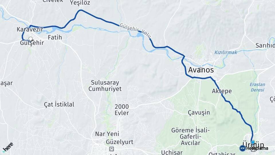 Nevşehir Ürgüp Gülşehir Arası Kaç Km - Yol Haritası