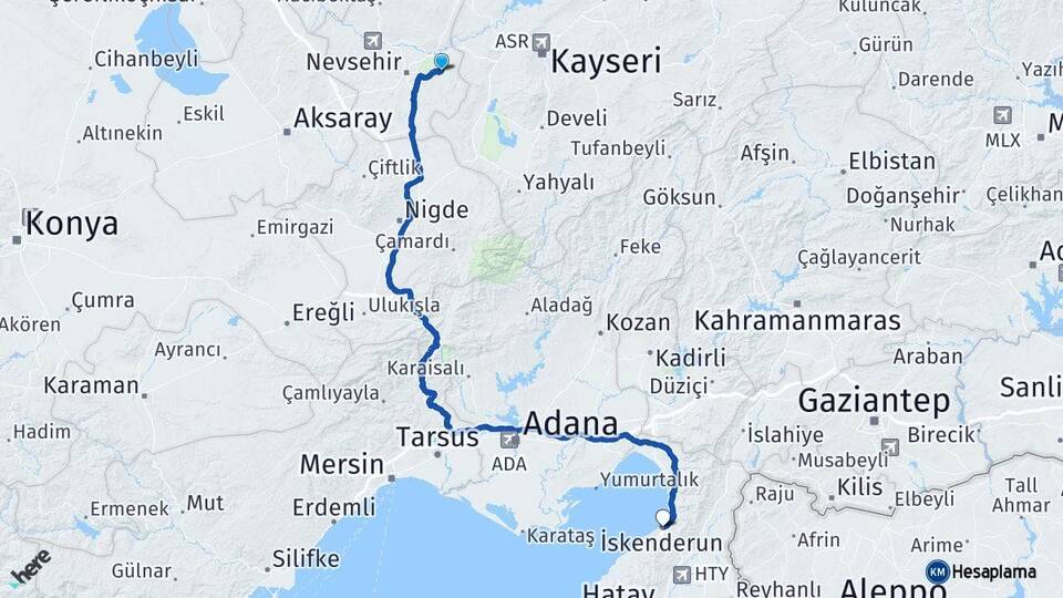 Nevşehir Ürgüp İskenderun Hatay Arası Kaç Km - Yol Haritası